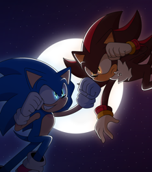 Size: 1920x2160 | Tagged: safe, artist:joopitor, shadow the hedgehog, sonic the hedgehog, sonic the hedgehog 3 (film), 2024, abstract background, clenched fists, duo, frown, glowing eyes, looking at each other, moon, nighttime, outdoors, smile, star (sky)