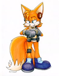 Size: 1595x2047 | Tagged: safe, artist:jeffydust, miles "tails" prower, 2025, alternate outfit, belt, blue shoes, earpiece, electricity, lidded eyes, looking at something, older, signature, simple background, smile, solo, standing, traditional media