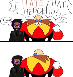 Size: 958x1015 | Tagged: safe, artist:potato472734, agent stone, robotnik, human, sonic the hedgehog 3 (film), 2025, classic robotnik, clenched fist, dialogue, duo, english text, gay, i hate that hedgehog, looking at them, panels, robotnik x stone, shipping, shouting, simple background, speech bubble, standing, white background