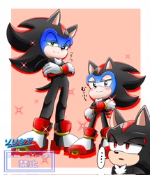 Size: 1760x2048 | Tagged: safe, artist:sonic0623sss, shadow the hedgehog, sonic the hedgehog, sonic superstars, sonic x shadow generations, arms folded, border, classic sonic, cosplay, pink background, self paradox, simple background, smile, standing, trio