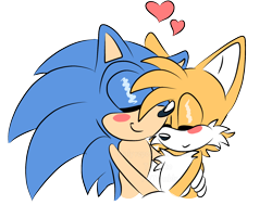 Size: 2048x1548 | Tagged: dead source, safe, artist:torbitto, miles "tails" prower, sonic the hedgehog, blushing, cute, duo, eyes closed, flat colors, gay, heart, holding each other, obtrusive watermark, shipping, simple background, smile, sonabetes, sonic x tails, tailabetes, transparent background, unknown date, watermark