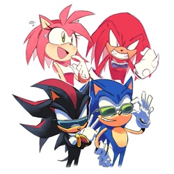 Size: 941x940 | Tagged: safe, artist:supsross, amy rose, knuckles the echidna, shadow the hedgehog, sonic the hedgehog, 2025, arms folded, backwards v sign, blushing, clenched teeth, frown, group, simple background, smile, standing, sunglasses, v sign, white background