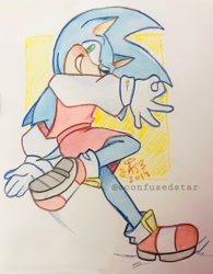 Size: 1280x1640 | Tagged: safe, artist:aconfusedaj, sonic the hedgehog, 2019, abstract background, alternate outfit, clothes, dress, headcanon, looking at viewer, looking back, looking back at viewer, posing, signature, smile, solo, standing on one leg, traditional media