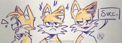 Size: 1280x459 | Tagged: safe, artist:aconfusedaj, miles "tails" prower, 2019, blushing, dialogue, ear fluff, frown, lidded eyes, looking offscreen, mouth open, signature, smile, solo, speech bubble, traditional media