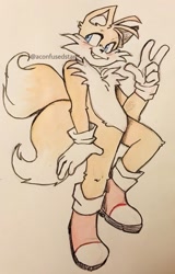 Size: 821x1280 | Tagged: safe, artist:aconfusedaj, miles "tails" prower, 2019, blushing, boots, clenched teeth, ear fluff, leg fluff, looking offscreen, signature, smile, solo, traditional media, v sign