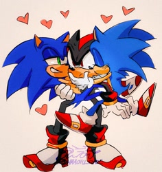 Size: 1241x1316 | Tagged: safe, artist:mmachu_sonic, shadow the hedgehog, sonic the hedgehog, 2022, beige background, blushing, carrying them, classic sonic, eyes closed, frown, gay, heart, holding them, lidded eyes, looking at them, looking offscreen, self paradox, shadow gets all the boys, shadow x sonic, shipping, signature, simple background, smile, standing, trio