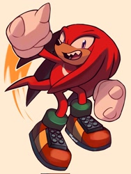 Size: 1537x2048 | Tagged: safe, artist:deviledmeggz, knuckles the echidna, 2022, clenched fists, looking at viewer, mid-air, mouth open, sharp teeth, simple background, smile, solo