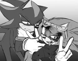 Size: 1501x1178 | Tagged: safe, artist:mieierae201, scourge the hedgehog, shadow the hedgehog, angry, blood, duo, fight, greyscale, looking at viewer, monochrome, smile, tongue out, v sign