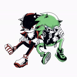 Size: 2048x2048 | Tagged: safe, artist:mieierae201, scourge the hedgehog, shadow the hedgehog, adjusting glasses, arms folded, duo, simple background, sitting, white background