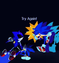 Size: 1346x1440 | Tagged: semi-grimdark, artist:bdbdi743, metal sonic, sonic the hedgehog, blood, death, english text, looking at them, lying down, robot, self paradox, trio