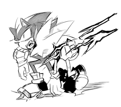 Size: 1782x1575 | Tagged: safe, artist:bdbdi743, shadow the hedgehog, sonic the hedgehog, carrying them, chaos spear, duo, greyscale, injured, monochrome, mouth hold, ring, simple background, white background