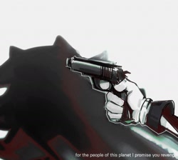 Size: 1803x1616 | Tagged: safe, artist:bdbdi743, shadow the hedgehog, sonic adventure 2, english text, gun, holding something, solo