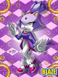 Size: 828x1104 | Tagged: safe, artist:star-shiner, blaze the cat, cat, female, gloves, jacket, pants, purple fur, rings, shoes, yellow eyes