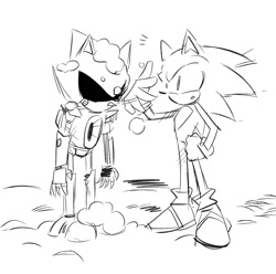 Size: 1496x1487 | Tagged: safe, artist:bdbdi743, metal sonic, sonic the hedgehog, duo, greyscale, looking at them, monochrome, robot, simple background, sketch, snow, standing, white background