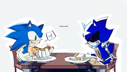 Size: 2479x1412 | Tagged: safe, artist:bdbdi743, metal sonic, sonic the hedgehog, cable, chair, chili dog, duo, english text, food, plate, robot, sitting, table