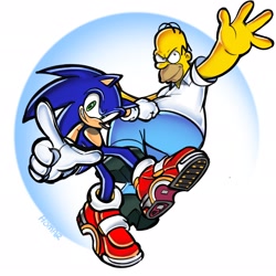 Size: 2048x2048 | Tagged: safe, artist:homar_simpleton, sonic the hedgehog, crossover, duo, grin, homer simpson, smile, soap shoes, style emulation, the simpsons, uekawa style