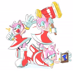 Size: 1425x1449 | Tagged: safe, artist:homar_simpleton, amy rose, sonic the hedgehog, amy x sonic, head rest, heart, holding something, multiple views, photograph, piko piko hammer, shipping, simple background, smile, solo, straight, white background