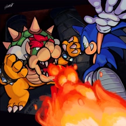 Size: 2048x2048 | Tagged: safe, artist:homar_simpleton, sonic the hedgehog, bowser, crossover, duo, fight, fire, grin, mario, smile