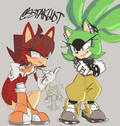 Size: 1906x1990 | Tagged: safe, artist:sstar6ust, fiona fox, scourge the hedgehog, surge the tenrec, fox, hedgehog, tenrec, blushing, crossed arms, fiona's jumpsuit, hand on hip, lesbian, shipping, smile