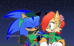 Size: 1736x1088 | Tagged: safe, artist:risziarts, sally acorn, sonic the hedgehog, chipmunk, hedgehog, alternate outfit, au:sonic world travel, blue power pattern, celebration, cyan power pattern, date, lunar new year, nighttime, sally x sonic