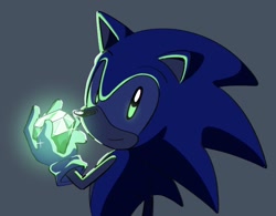 Size: 1144x892 | Tagged: safe, artist:oudooooon427, sonic the hedgehog, chaos emerald, glowing, grey background, holding something, looking at viewer, simple background, solo