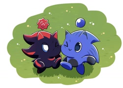 Size: 1214x872 | Tagged: safe, artist:oudooooon427, chao, character chao, cheek to cheek, duo, grass, one eye closed, shadow chao, smile, sonic chao