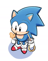 Size: 1490x1884 | Tagged: safe, artist:oudooooon427, sonic the hedgehog, butterfly, classic sonic, cute, from above, holding something, ring, simple background, solo, sonabetes, standing, white background