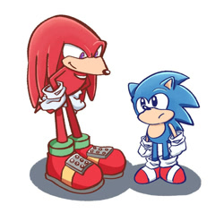 Size: 947x903 | Tagged: safe, artist:oudooooon427, knuckles the echidna, classic sonic, cute, duo, looking at each other, shadow (lighting), simple background, white background