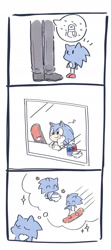 Size: 850x1922 | Tagged: safe, artist:oudooooon427, sonic the hedgehog, human, comic, duo, food, head rest, snowboard, snowman, speech bubble, thought bubble, winter