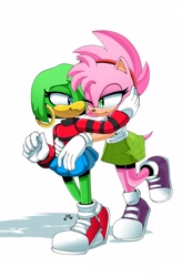 Size: 2630x4016 | Tagged: suggestive, artist:buddyhyped, amy rose, tekno the canary, cheek to cheek, earring, fleetway amy, hand on cheek, hugging from behind, lesbian, shipping, skirt, teknamy