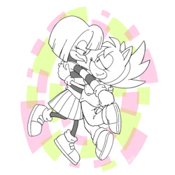 Size: 400x400 | Tagged: safe, artist:mellodillo, amy rose, tekno the canary, fleetway amy, holding each other, lesbian, looking at each other, shipping, skirt, smile, teknamy