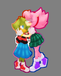 Size: 5000x6203 | Tagged: safe, artist:apamgkrth, amy rose, tekno the canary, blushing, clothes, fleetway amy, hand on cheek, height difference, kiss, kiss on head, pride, shipping, skirt, teknamy