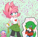 Size: 1275x1250 | Tagged: safe, artist:garabak0, amy rose, tekno the canary, blushing, eyeshadow, fleetway amy, skirt, smile