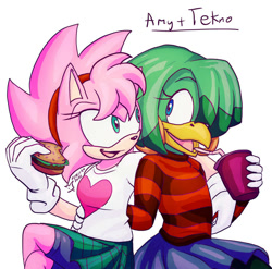 Size: 870x861 | Tagged: safe, artist:feniiku_arts, amy rose, tekno the canary, arm around shoulders, burger, drinking, eating, fleetway amy, hand on hip, lesbian, looking at each other, milkshake, shipping, skirt, soda, teknamy