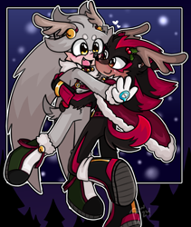 Size: 1725x2048 | Tagged: safe, artist:brasswired, shadow the hedgehog, silver the hedgehog, beanbrows, bell, blushing, boots, cape, christmas, christmas outfit, collar, cute, duo, fake antlers, gay, harness, heart, holding each other, holly, looking at each other, mouth open, one fang, outline, shadow x silver, shadowbetes, shipping, signature, silvabetes, smile, snow