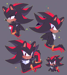 Size: 1855x2048 | Tagged: safe, artist:zeemy-wah, shadow the hedgehog, arm fluff, claws, frown, gloves off, grey background, lidded eyes, looking at viewer, looking offscreen, outline, signature, simple background, solo, sparkles