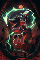Size: 2048x3056 | Tagged: safe, artist:spacecolonie, black doom, shadow the hedgehog, sonic x shadow generations, 2024, abstract background, clenched fists, clenched teeth, duo, frown, looking at viewer, mid-air, road sign, solo focus, stop sign