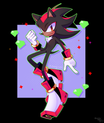 Size: 1591x1866 | Tagged: safe, artist:zeemy-wah, shadow the hedgehog, abstract background, chaos emerald, clenched fist, frown, looking at viewer, outline, pointing, signature, solo, sparkles