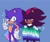 Size: 2048x1707 | Tagged: safe, artist:eepnoe, shadow the hedgehog, sonic the hedgehog, hedgehog, 2024, bisexual, bisexual pride, blue background, cape, duo, face paint, frown, gay, gay pride, hand on hip, holding something, lidded eyes, looking at them, male, mlm pride, pride, pride flag, question mark, shadow x sonic, shipping, signature, simple background, smile, standing, sweatdrop, top surgery scars, trans male, transgender