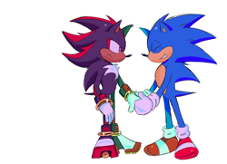 Size: 1800x1300 | Tagged: safe, artist:blueeblurb, shadow the hedgehog, sonic the hedgehog, sonic the hedgehog 3 (film), duo, eyes closed, holding hands, looking at them, simple background, smile, standing, white background