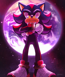 Size: 1724x2048 | Tagged: safe, artist:lunatyk, shadow the hedgehog, sonic the hedgehog 3 (film), abstract background, arms folded, earth, frown, solo, space, standing, star (sky)