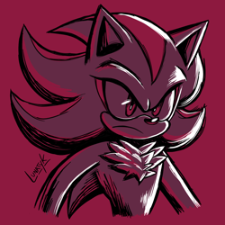 Size: 2000x2000 | Tagged: safe, artist:lunatyk, shadow the hedgehog, frown, looking offscreen, monochrome, red background, signature, simple background, solo