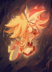 Size: 1000x1392 | Tagged: safe, artist:dzmaylon, shadow the hedgehog, sonic the hedgehog, super shadow, super sonic, sonic the hedgehog 3 (film), abstract background, duo, eyes closed, flying, gay, holding each other, kiss, shadow x sonic, shipping, signature, super form