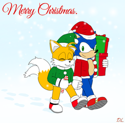 Size: 1215x1195 | Tagged: safe, artist:doomlazy27, miles "tails" prower, sonic the hedgehog, 2024, abstract background, candy cane, christmas, christmas outfit, daytime, duo, english text, flat colors, gay, holding hands, holding something, outdoors, present, shipping, signature, smile, snow, snowing, sonic x tails, walking