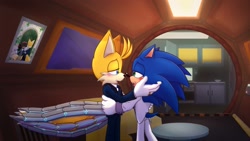 Size: 1920x1080 | Tagged: safe, artist:jeffydust, miles "tails" prower, shadow the hedgehog, sonic the hedgehog, 2025, abstract background, aged up, blushing, duo, gay, indoors, lidded eyes, light, looking at each other, mouth open, nighttime, picture frame, shadails, shipping, smile, sonic x tails, standing, wedding suit, window