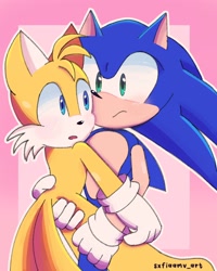 Size: 1638x2048 | Tagged: safe, artist:sxfiaamv, miles "tails" prower, sonic the hedgehog, 2025, abstract background, barefoot, blushing, carrying them, duo, frown, gay, holding them, looking at them, looking offscreen, mouth open, outline, shipping, signature, sonic x tails, standing