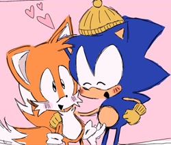 Size: 1170x993 | Tagged: safe, artist:sontaiis, miles "tails" prower, sonic the hedgehog, 2025, abstract background, alternate version, arm around shoulders, blushing, christmas, cute, duo, eyes closed, gay, hat, heart, shipping, smile, sonabetes, sonic x tails, standing, tailabetes, yellow gloves