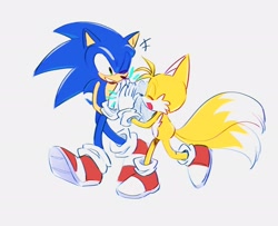 Size: 2048x1661 | Tagged: safe, artist:kuteun0, miles "tails" prower, sonic the hedgehog, 2025, clenched teeth, cute, duo, eyes closed, grey background, high five, looking at them, mouth open, simple background, smile, sonabetes, tailabetes, walking, wink