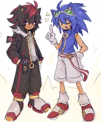 Size: 1440x1751 | Tagged: safe, artist:viscogone, shadow the hedgehog, sonic the hedgehog, human, 2025, abstract background, anime, cute, duo, eye clipping through hair, eyebrow clipping through hair, frown, goggles, hand on hip, hands in pocket, humanized, looking at viewer, partially humanized, pointing, shadowbetes, smile, sonabetes, standing, wink