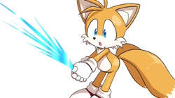 Size: 1248x702 | Tagged: safe, artist:seen023hey, miles "tails" prower, 2025, :o, cute, hands together, looking at something, mouth open, simple background, solo, squirting, standing, tailabetes, water, white background